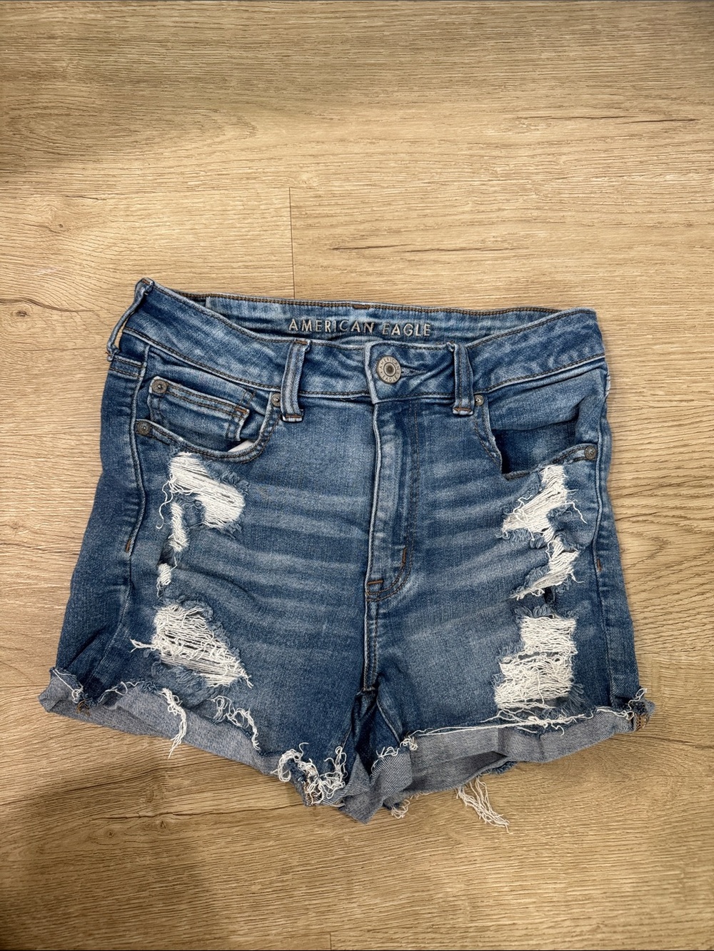 American Eagle Outfitters Ripped Mid/High-Rise Blue Denim Jean Shorts